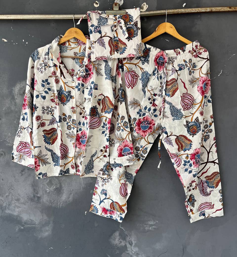 White Hand Block Print Women Dress Nightwear Suit Cotton Set: S