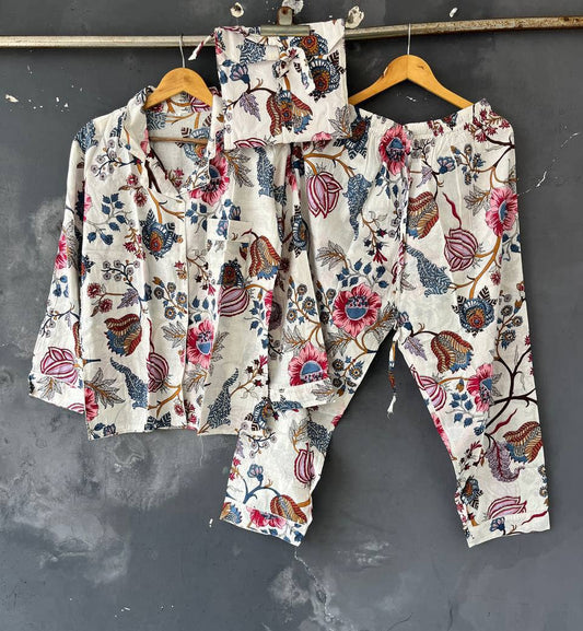 White Hand Block Print Women Dress Nightwear Suit Cotton Set: S