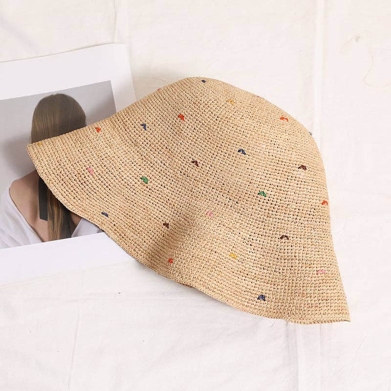 Simple Colorful Dots Raffia Straw Bucket Hat DP25E412: Khaki