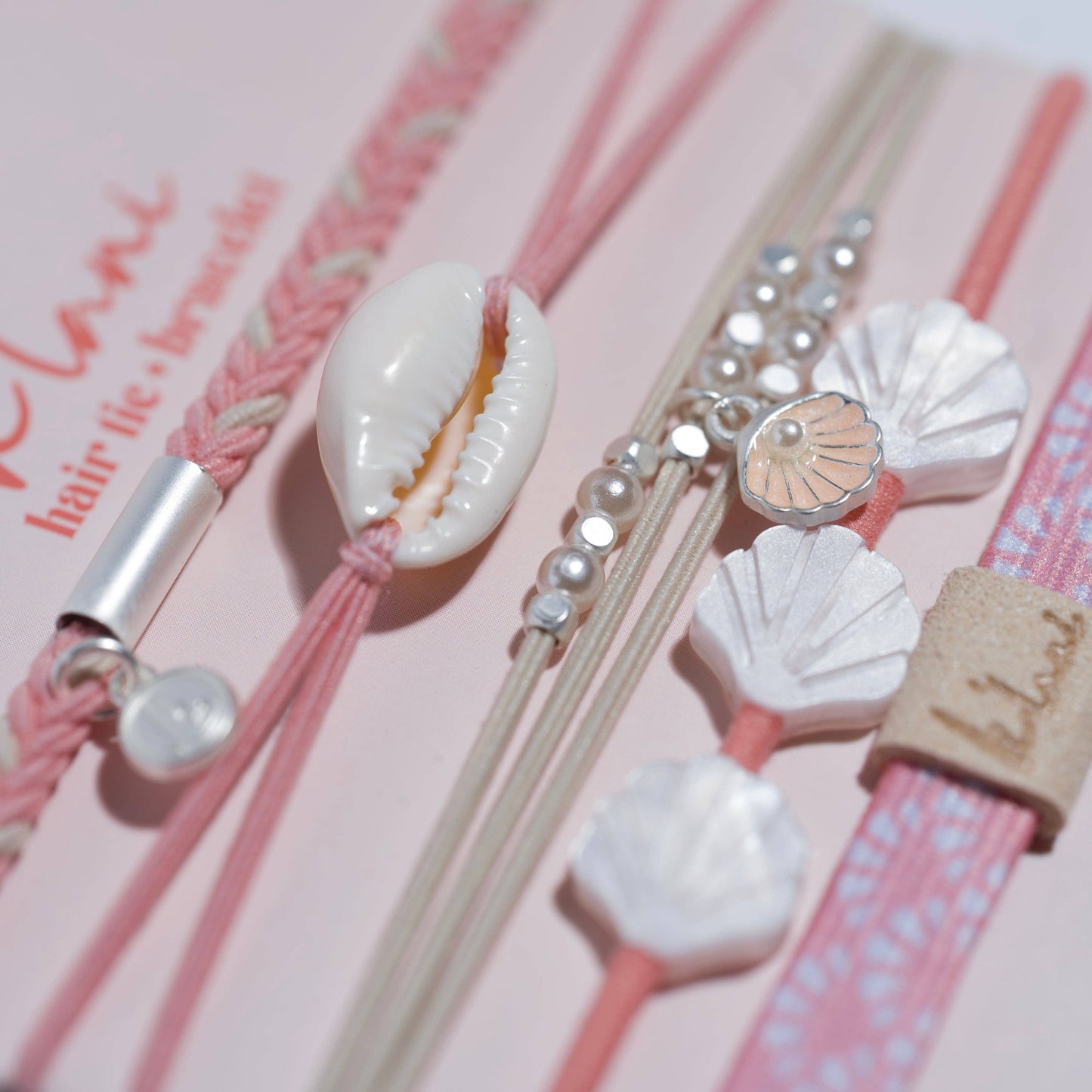 "Shimmer" Coral with Shell Hair Tie Bracelets: Medium