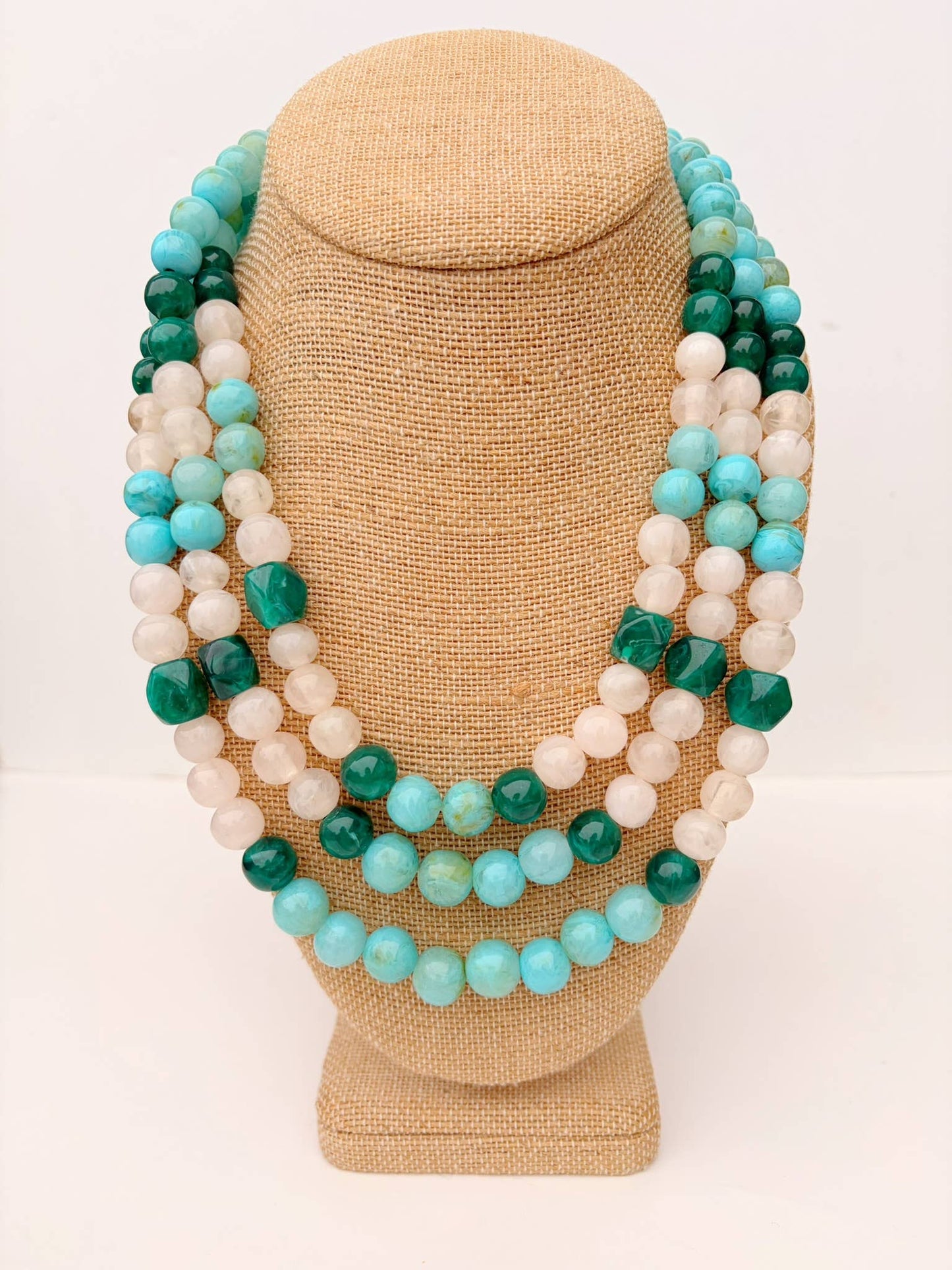 Triple Strand Agate Necklace – Green & Turquoise Statement Necklace (16”)