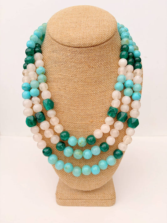 Triple Strand Agate Necklace – Green & Turquoise Statement Necklace (16”)