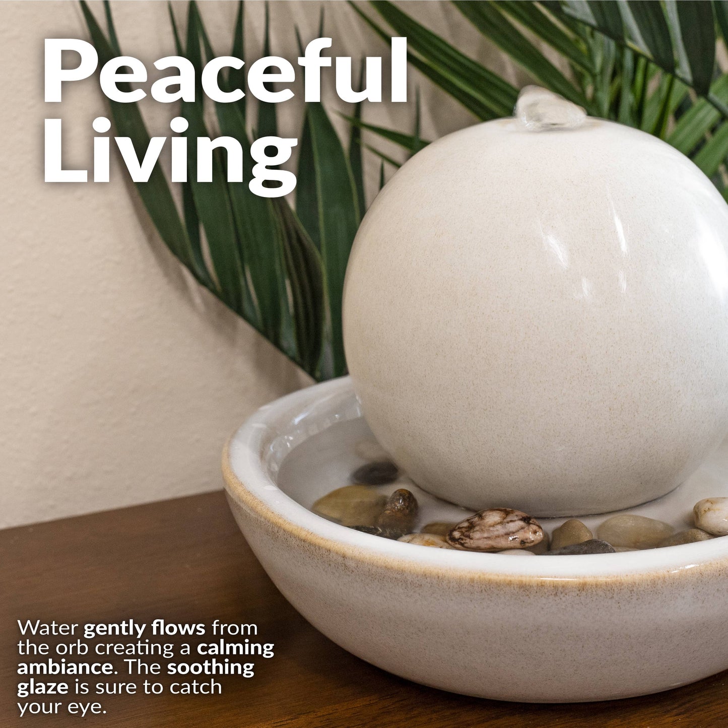 Ceramic Indoor Tabletop Water Fountain with Orb - White