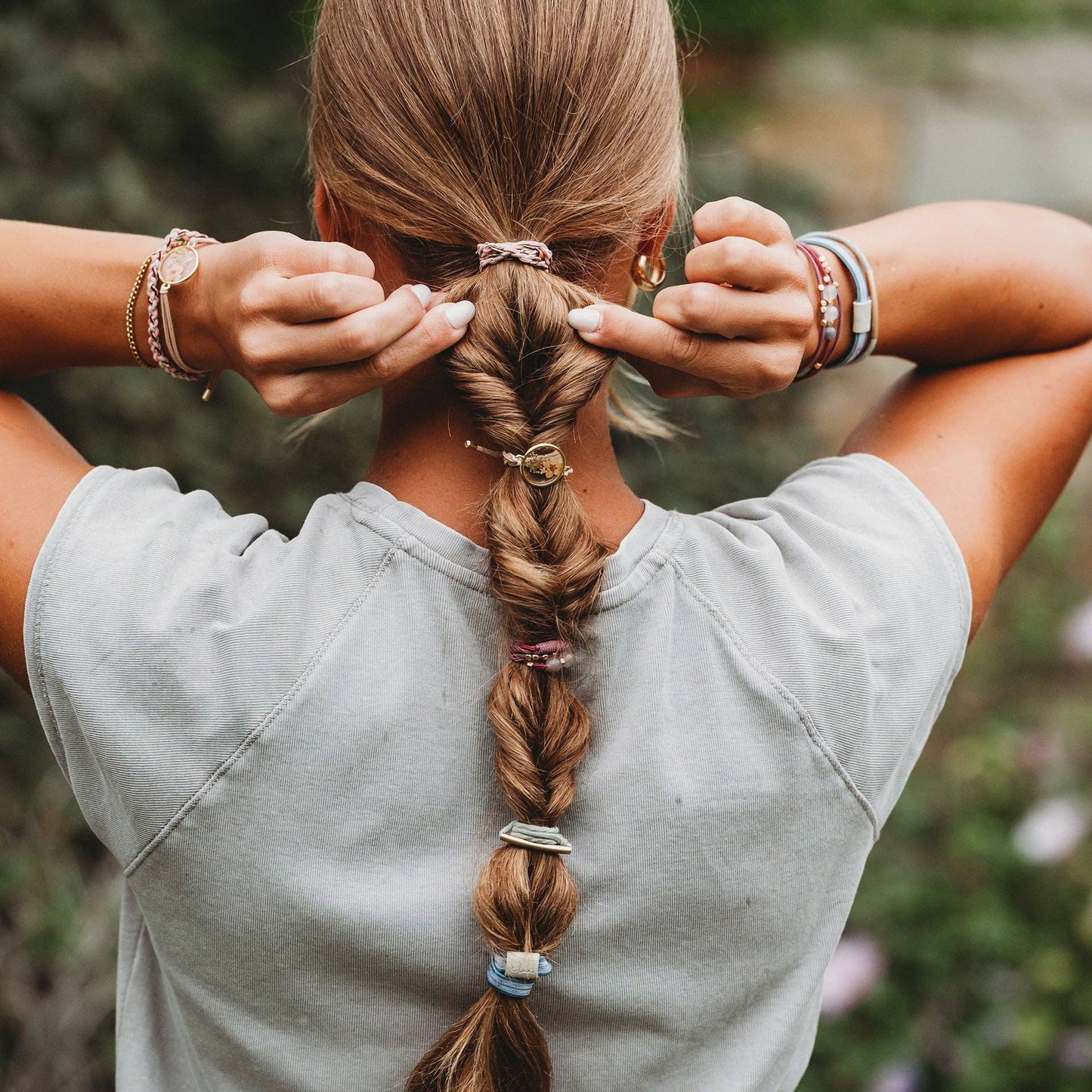 "Bloom" Maroon and Pink with Pressed Flowers Hair Tie Bracelets: Medium