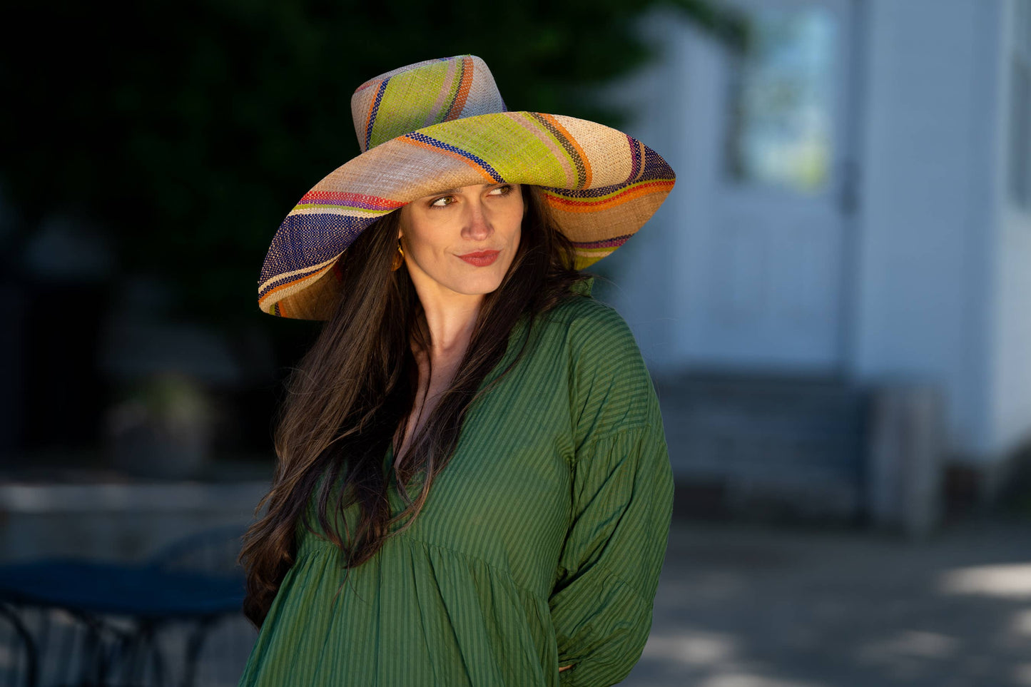 Monica 5" & 7" Wide Brim Stripe Packable Straw Sun Hats: Olive Swirl / 7 Inch