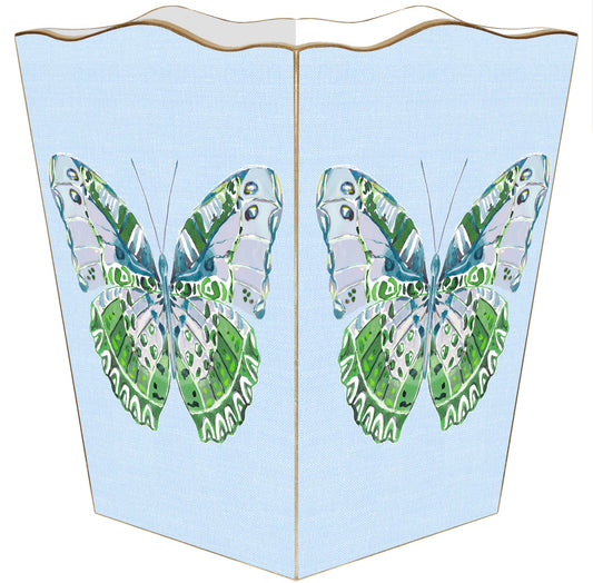 WB7781-Blue Linen Butterfly Wastebasket: Scalloped Top