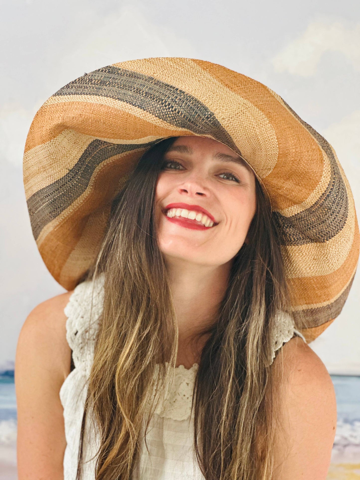Monica 5" & 7" Wide Brim Stripe Packable Straw Sun Hats: Olive Swirl / 7 Inch