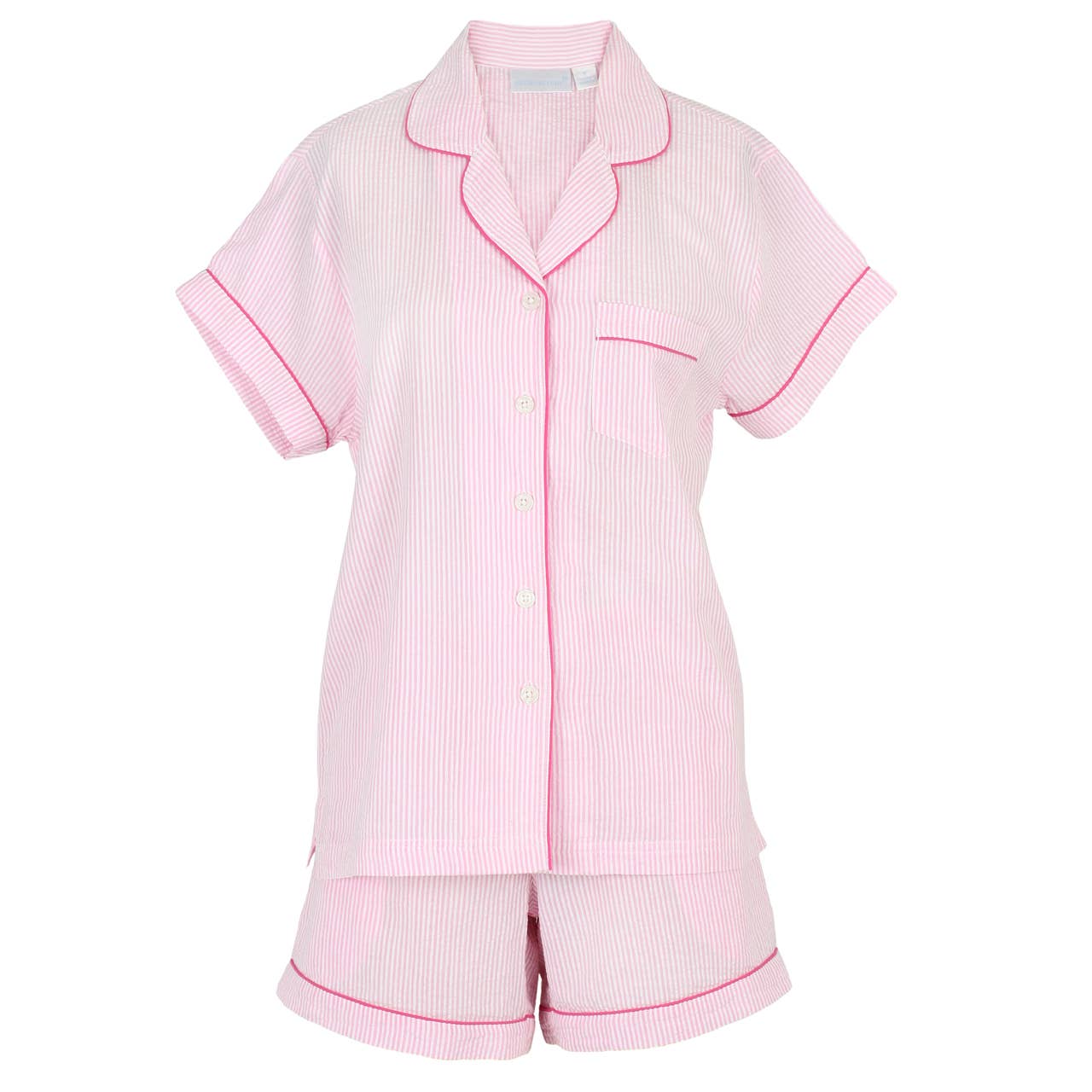 Pink Seersucker-Pink Short Sleeve Shorty Pajamas: S