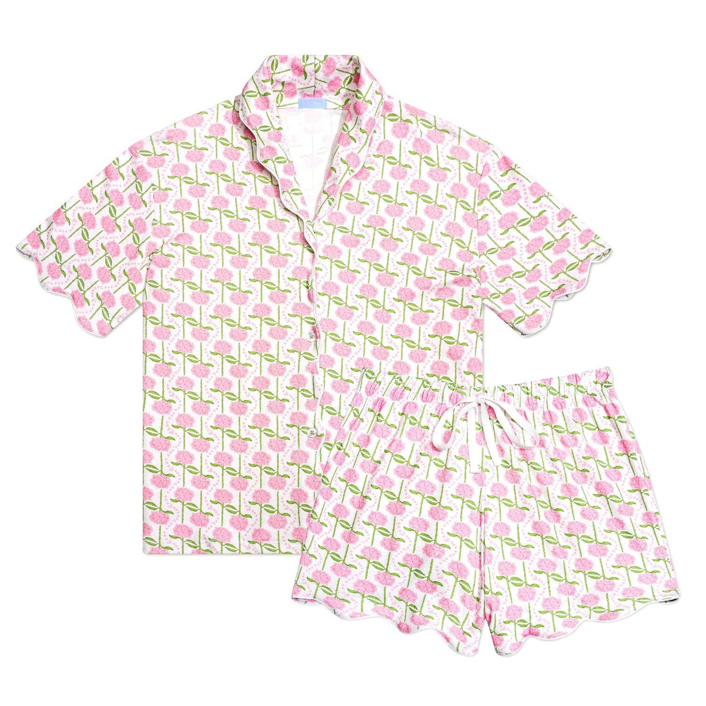 Pink Hydrangeas Women’s Button Polo Short Pajama Set: Coastal Bloom - Pink / S