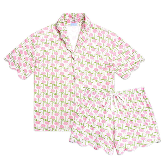 Pink Hydrangeas Women’s Button Polo Short Pajama Set: Coastal Bloom - Pink / S