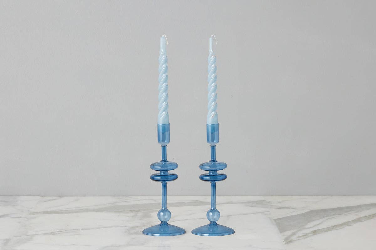 Glass Candlestick Pair, Small, Sapphire Blue