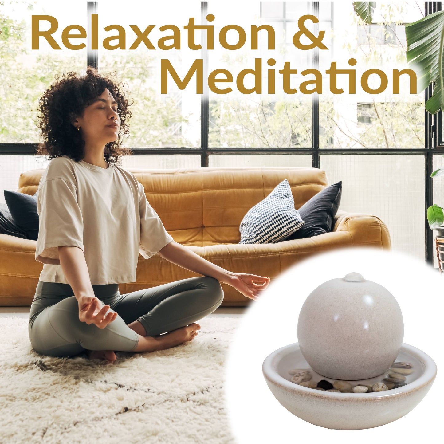 Ceramic Indoor Tabletop Water Fountain with Orb - White