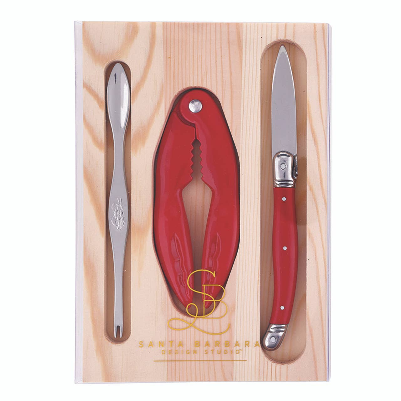Seafood Tools in Wood Tray - Set of 6: Stainless Steel, Zinc Alloy, Plastic, Pine Wood / 5.75" W x 8.25" H x .5" D