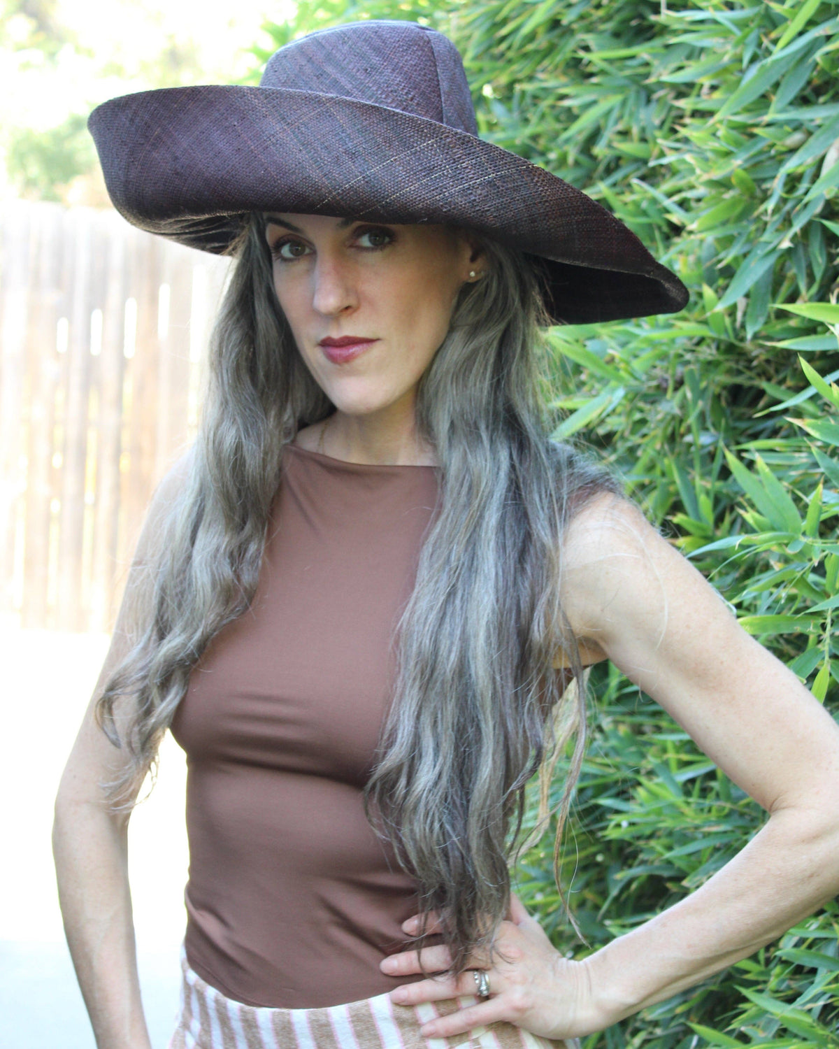 Monica 5" & 7" Wide Brim Solid Color Packable Raffia Straw Sun Hats: Espresso / 7 Inch