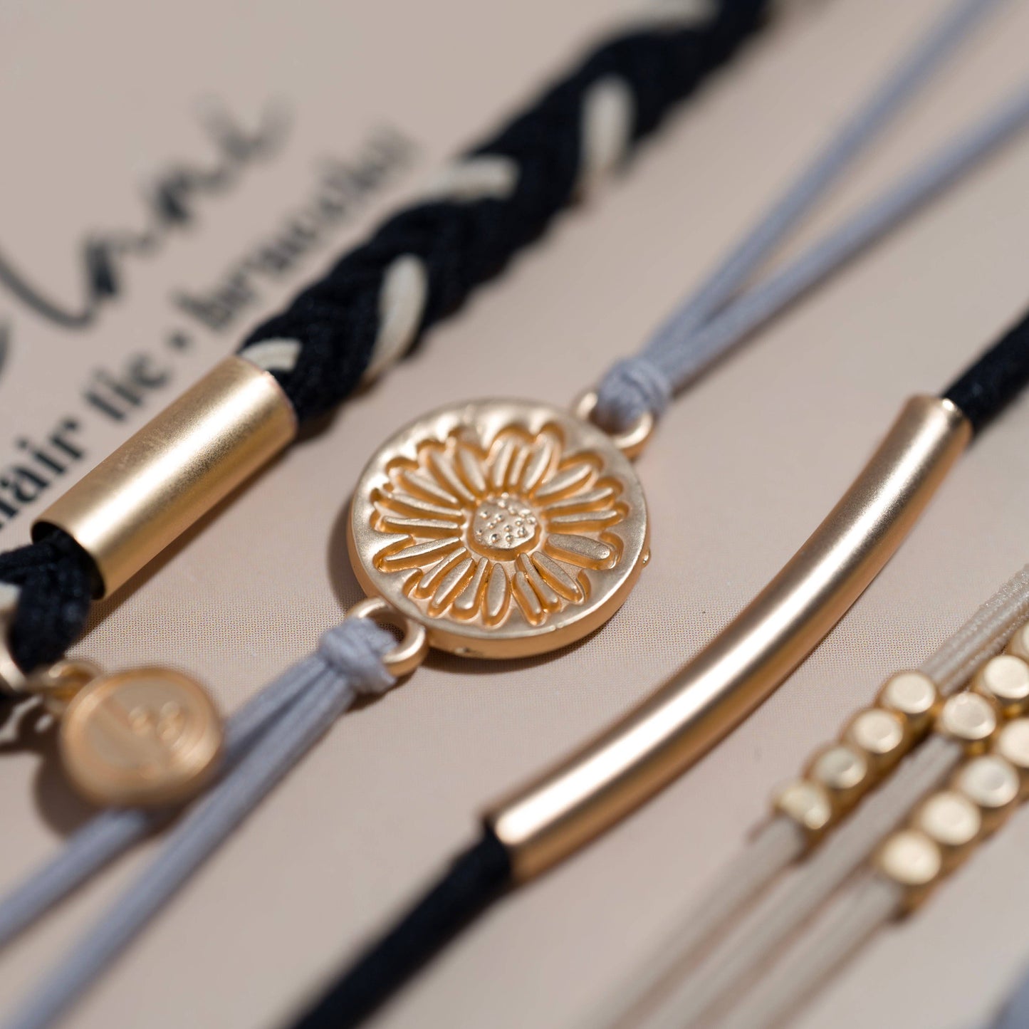 "Inspire" Grey and Black with Gold Flower Accent Hair Tie Bracelets: Medium
