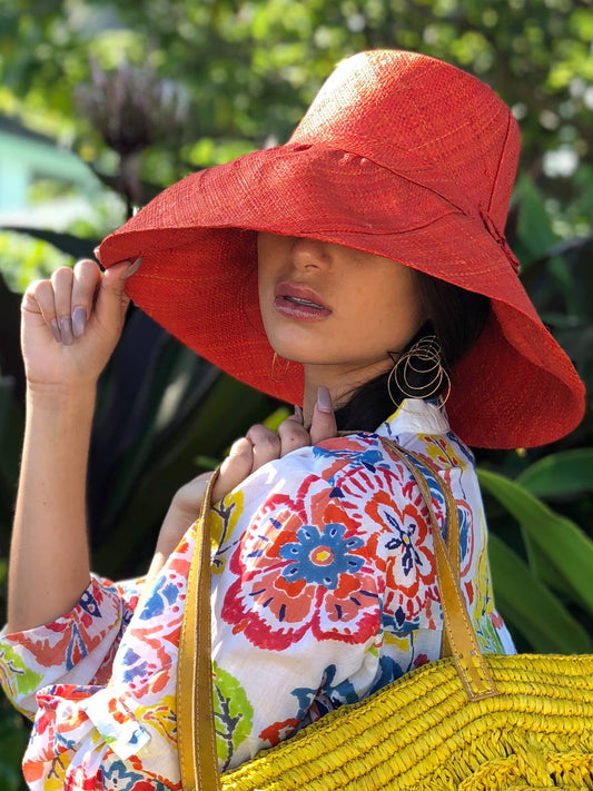 Wide Brim Solid Color Packable Straw Sun Hats: Coral / 5 Inch