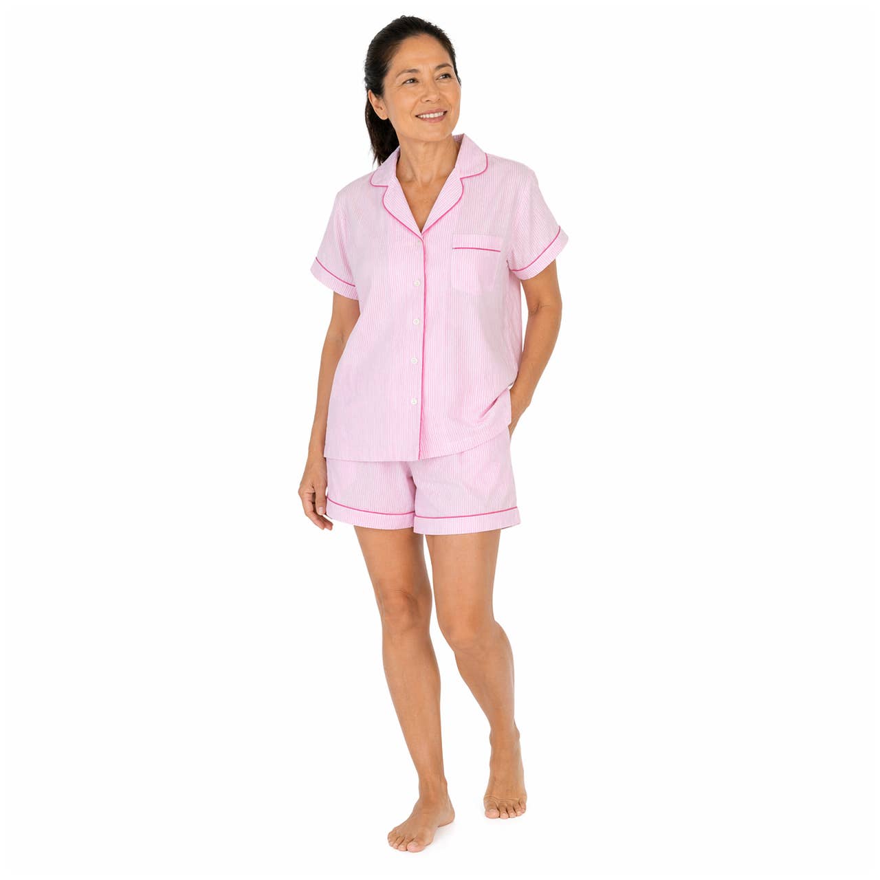 Pink Seersucker-Pink Short Sleeve Shorty Pajamas: XS