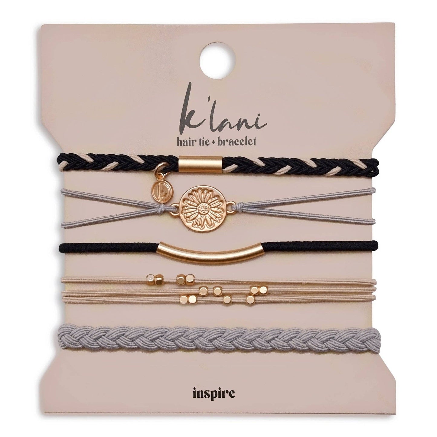 "Inspire" Grey and Black with Gold Flower Accent Hair Tie Bracelets: Medium