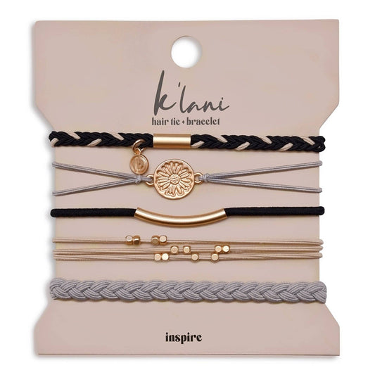"Inspire" Grey and Black with Gold Flower Accent Hair Tie Bracelets: Medium