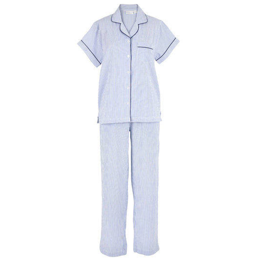 Blue Seersucker-Navy Short Sleeve Long Pant Pajamas: XS