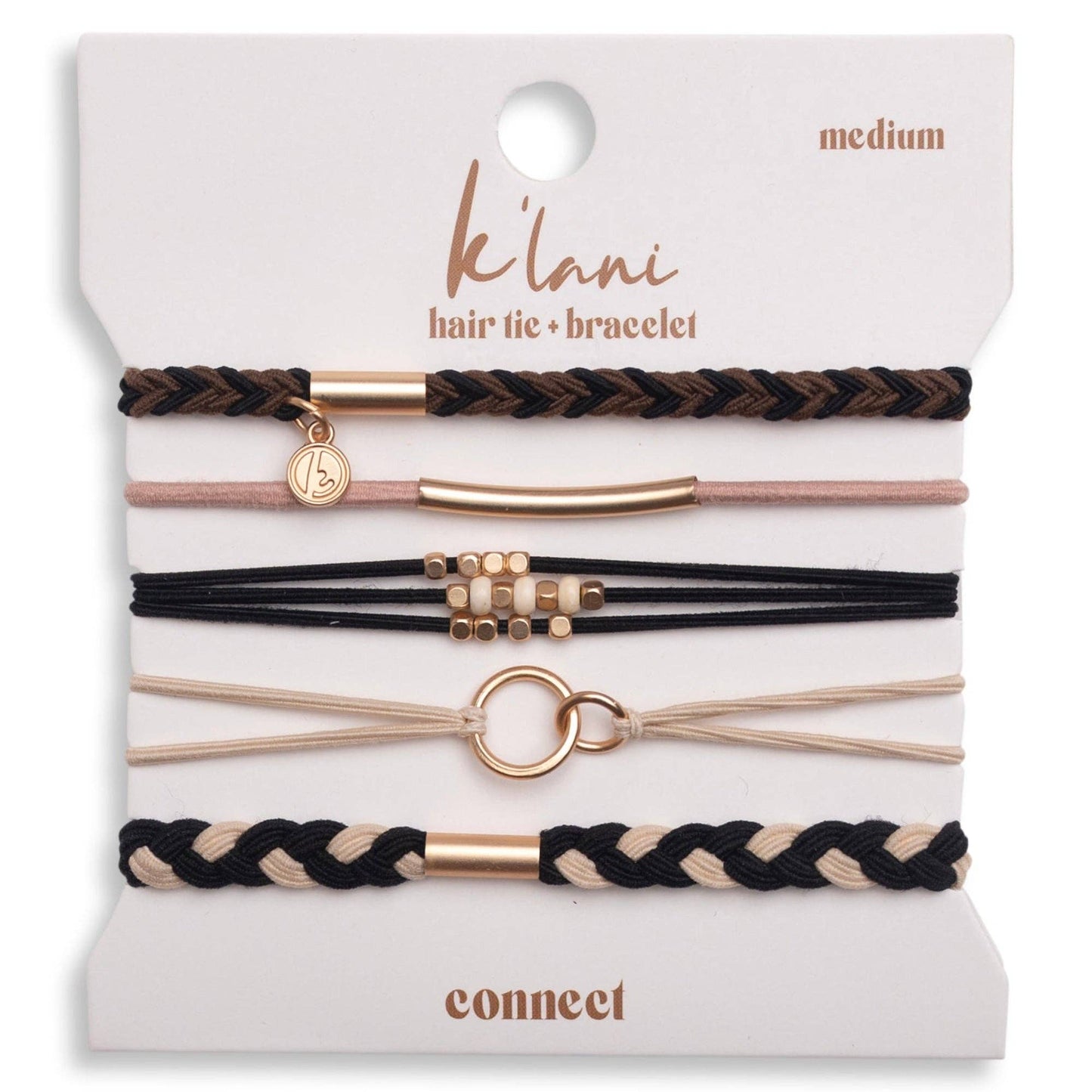 "Connect" Black and Cream with Gold Accent Hair Tie Bracelets: Medium