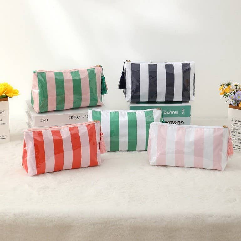 TRAVEL STRIPE COSMETIC MAKEUP POUCH BAG | 40P594: GREEN WHITE