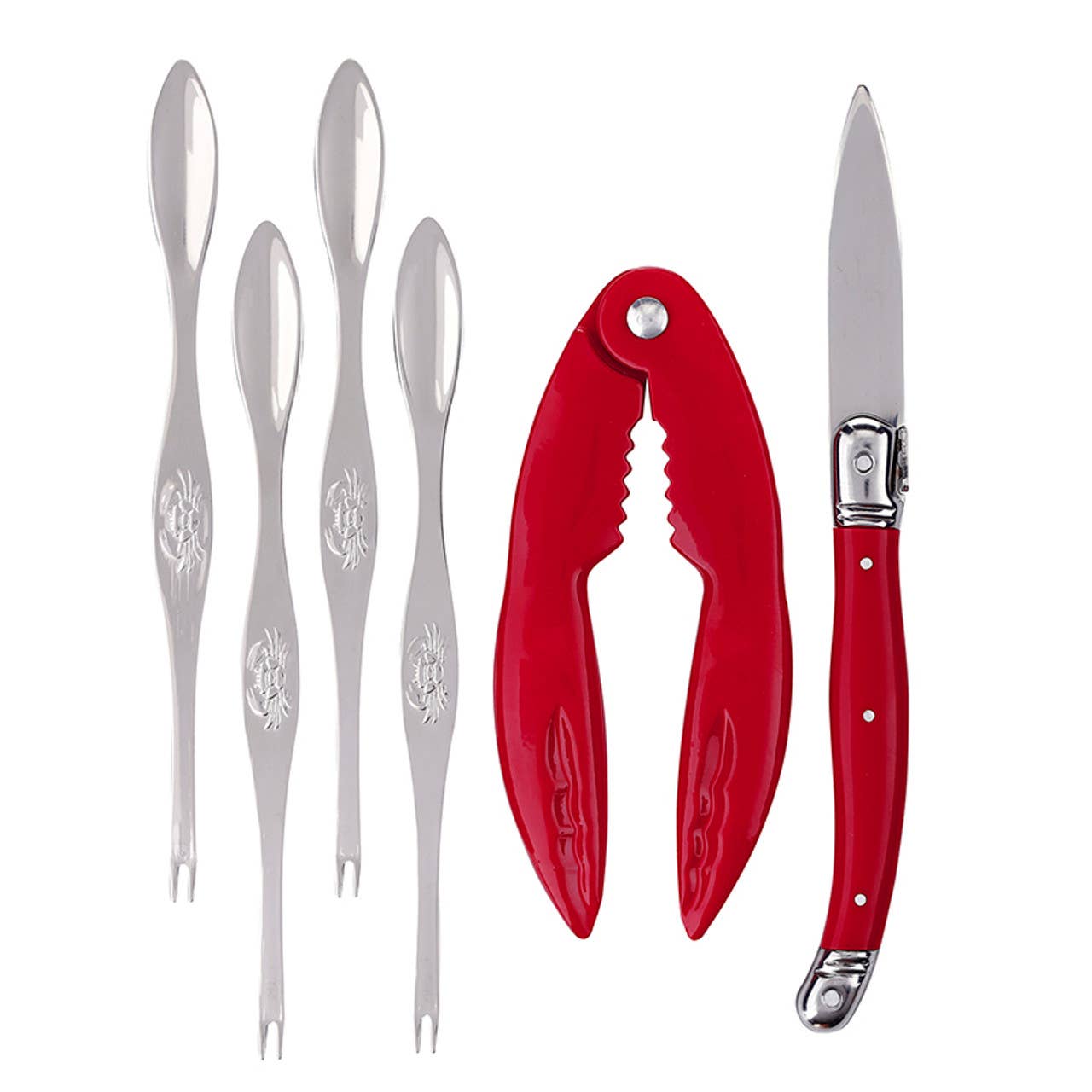 Seafood Tools in Wood Tray - Set of 6: Stainless Steel, Zinc Alloy, Plastic, Pine Wood / 5.75" W x 8.25" H x .5" D