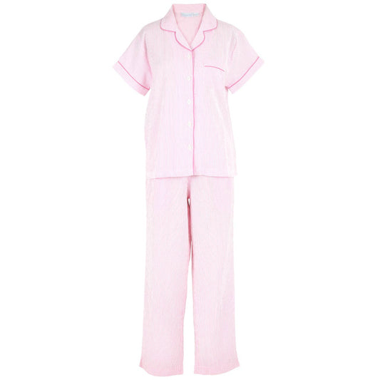 Pink Seersucker-Pink Short Sleeve Long Pant Pajamas