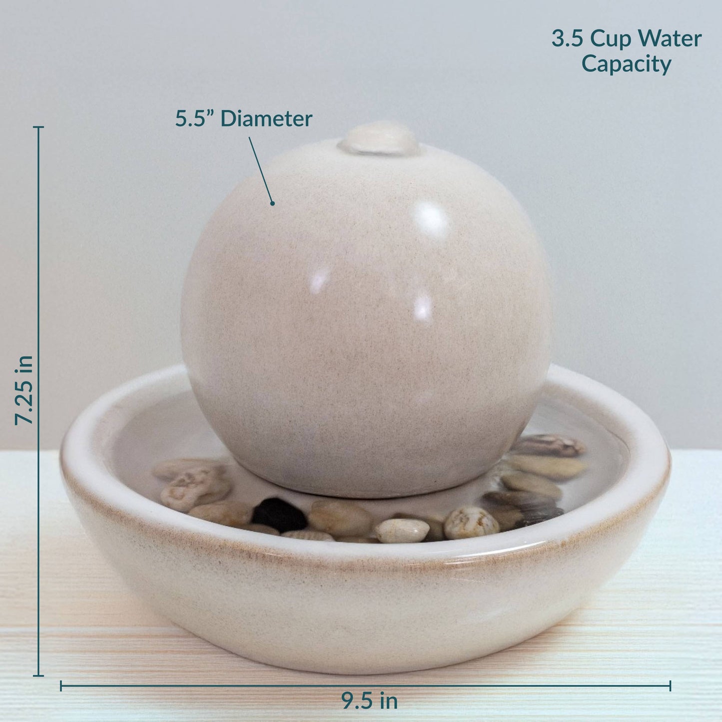 Ceramic Indoor Tabletop Water Fountain with Orb - White