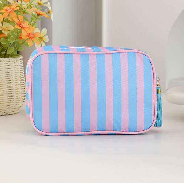Striped Cosmetic Bag Tassel Zip Makeup Bag: Orange / M