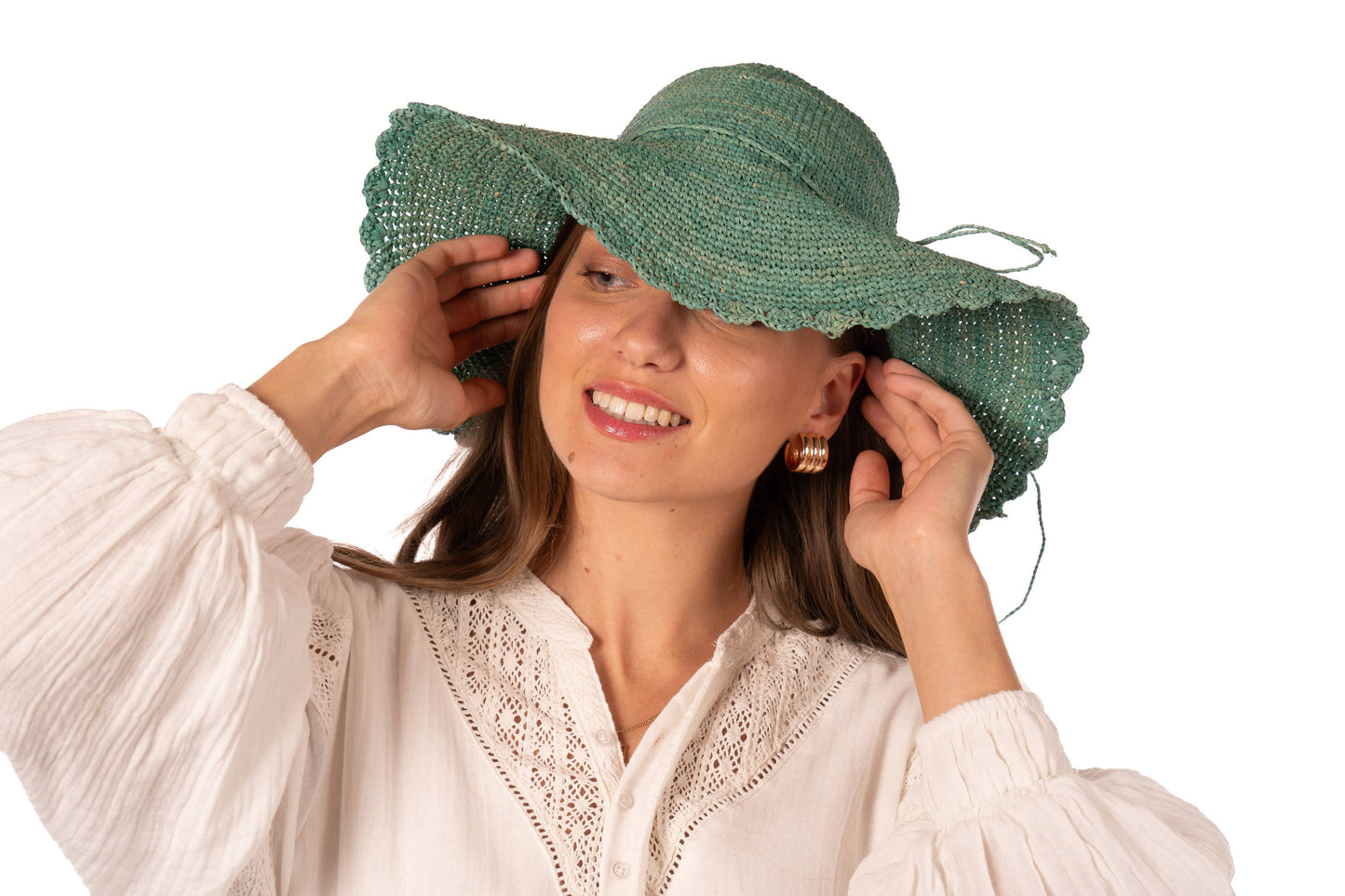 Genevieve 4" Brim Crochet Straw Sun Hat with Lace Weave Edge: Seafoam