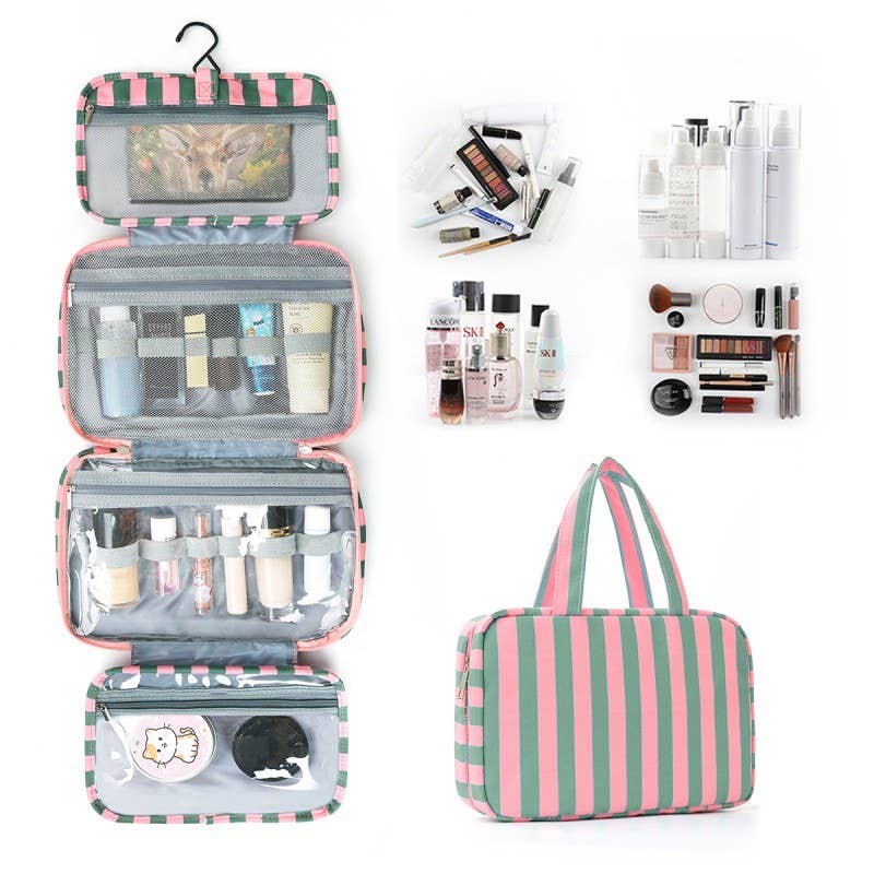 Striped Hanging Toiletry & Makeup Organizer Bag | 40P599: PINK GREEN