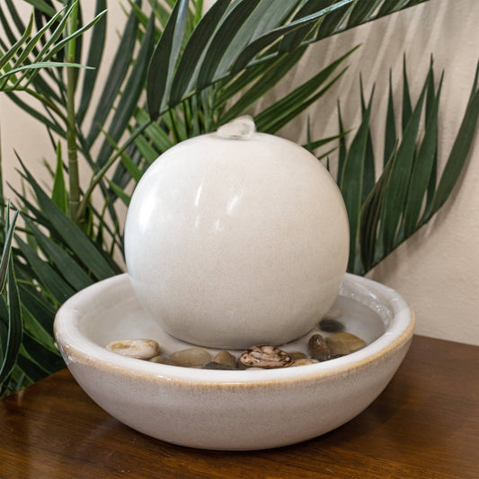 Ceramic Indoor Tabletop Water Fountain with Orb - White