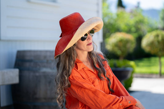 Monica 5" Wide Brim Two Tone Packable Straw Sun Hats: Coral Two Tone