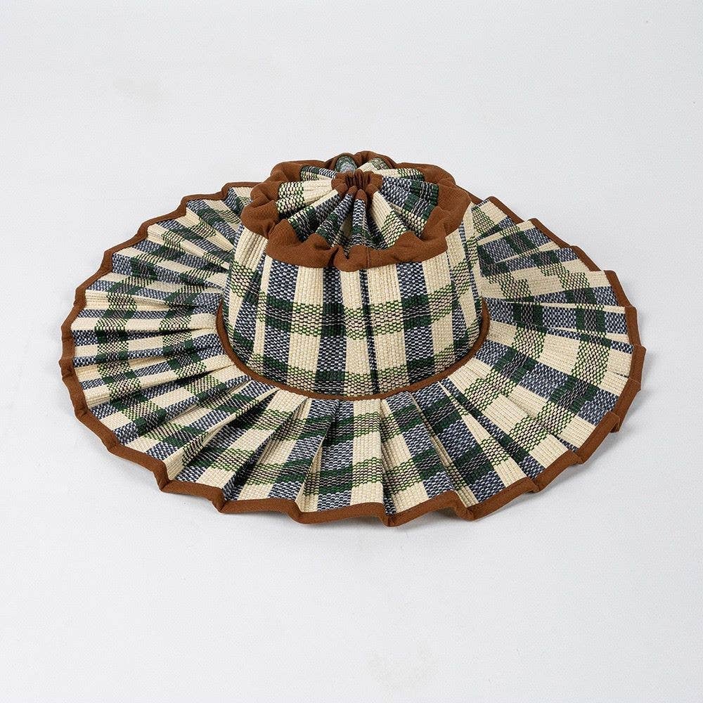 Ruffle Check Straw Hat Plaid Straw Sun Hat: Green / M