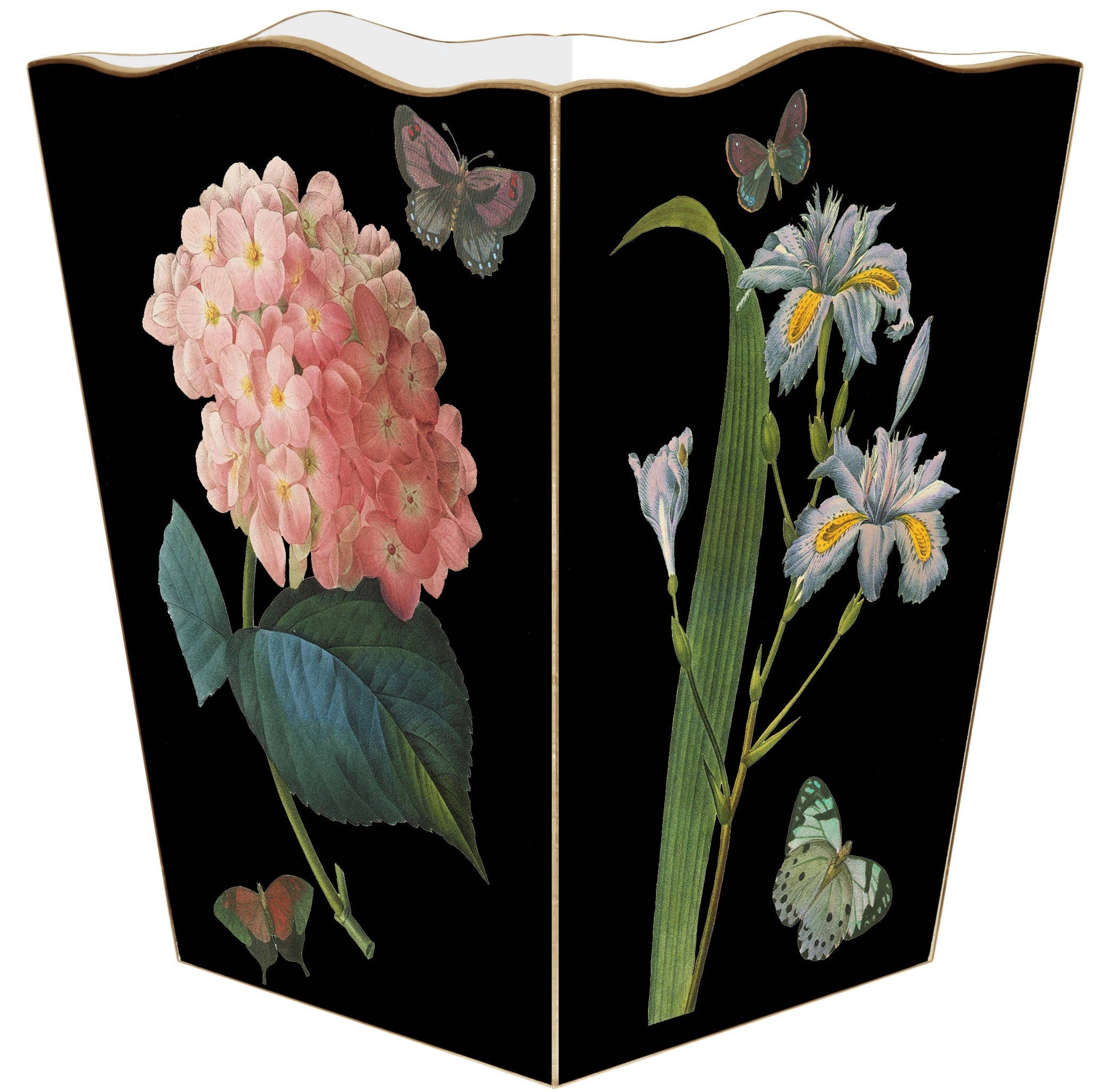 WB7BK- Pink Roses on Black Wastepaper Basket: Scalloped Top - Sotre Collection