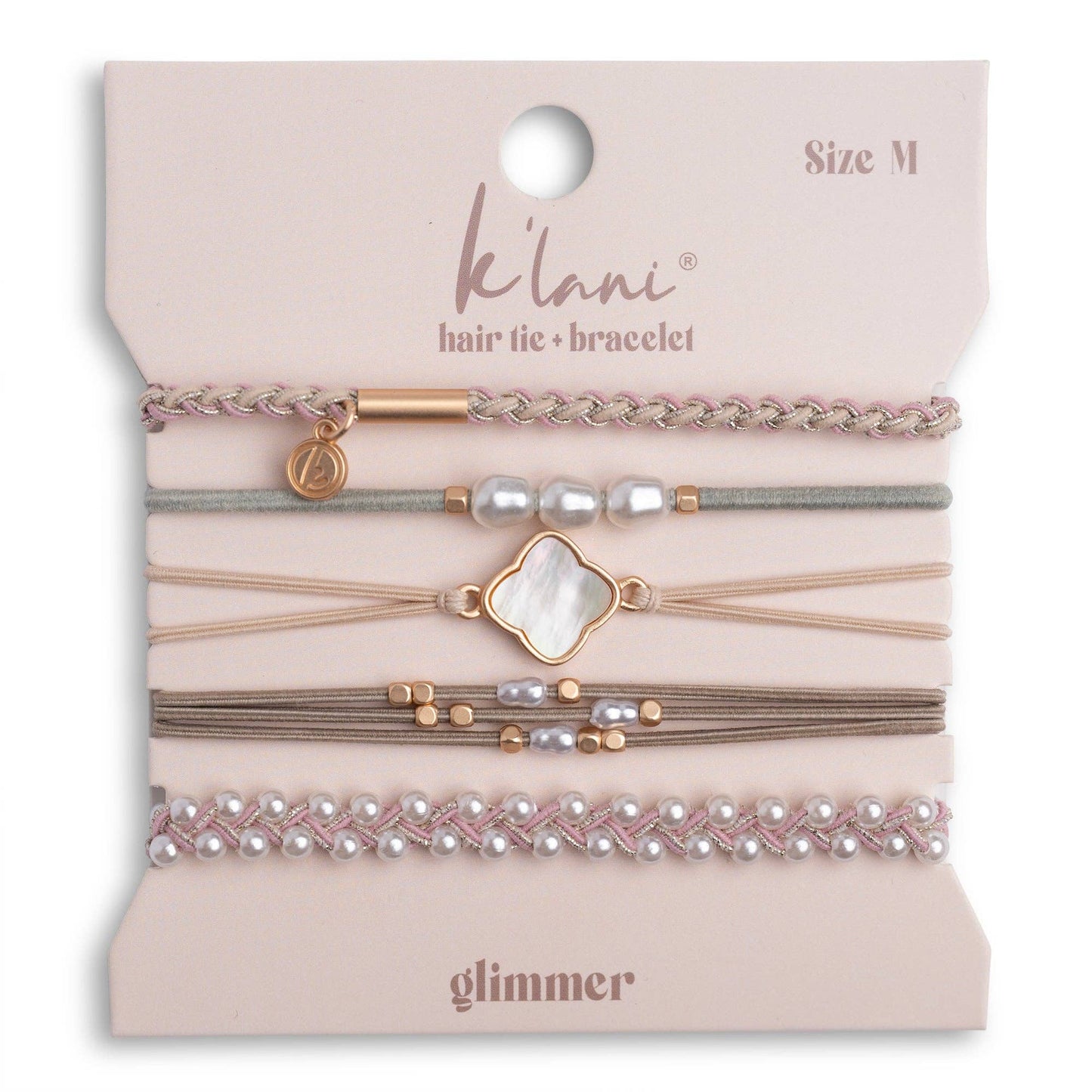 "Glimmer" Soft Pinks with Pearl and Gold Accent Hair Tie Bracelets: Medium