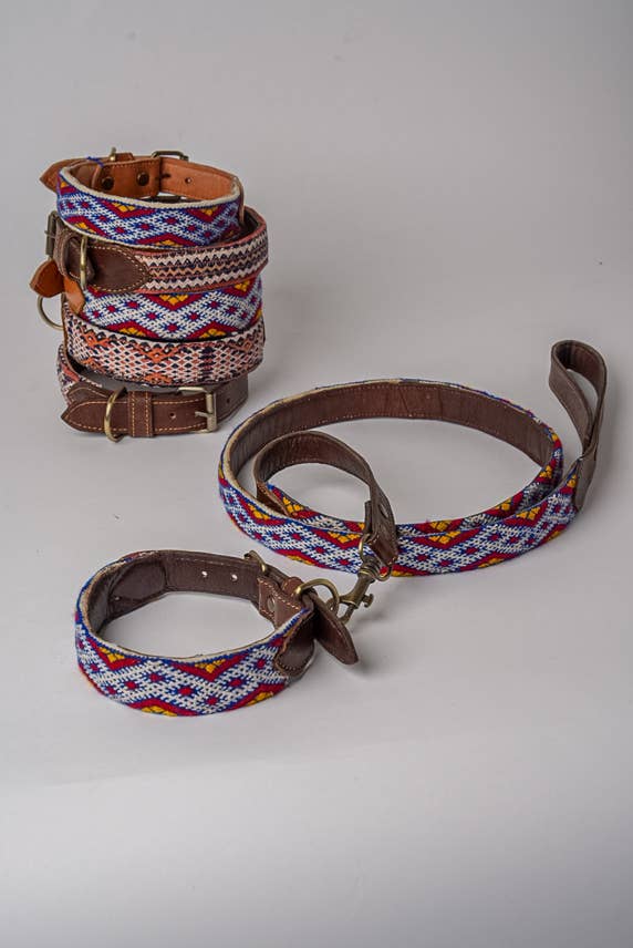 Vintage Kilim & Leather Dog Collar and Leash Set: Large