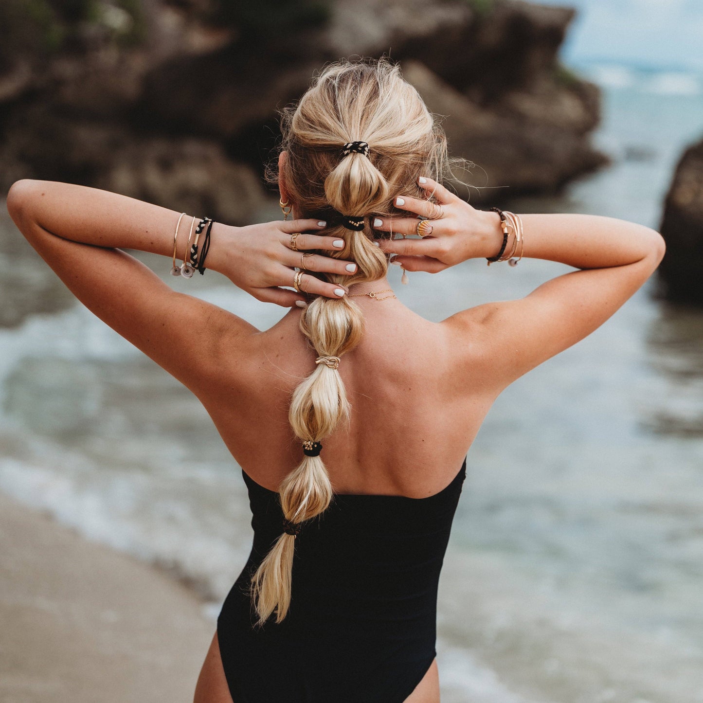 "Connect" Black and Cream with Gold Accent Hair Tie Bracelets: Medium