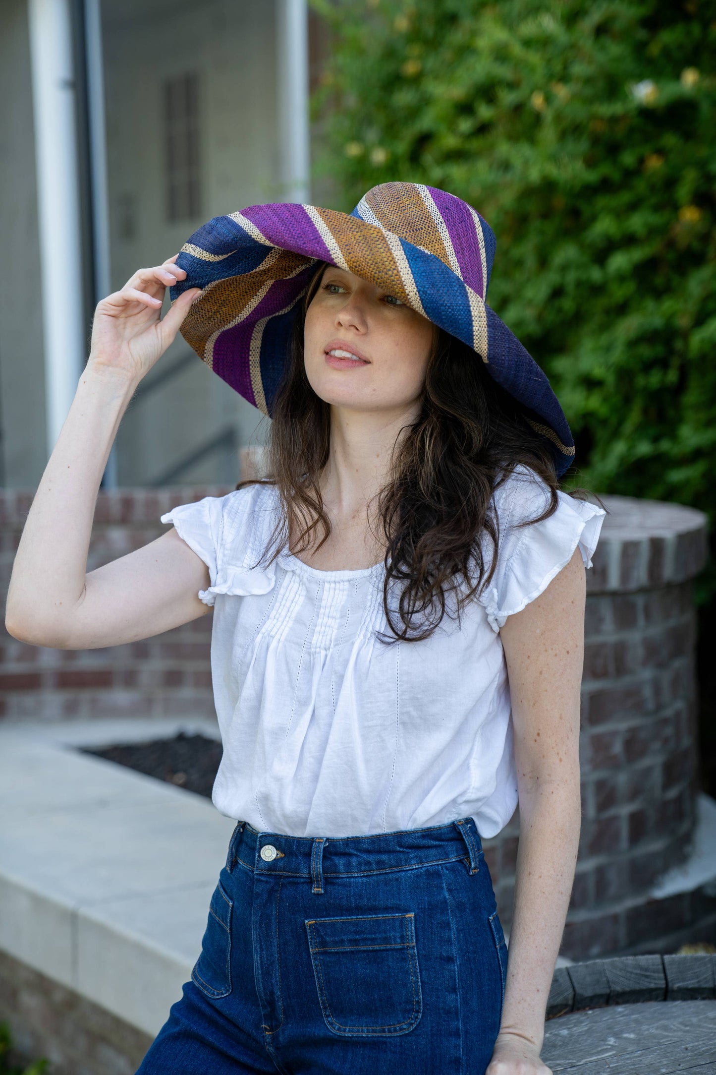 Monica 5" & 7" Wide Brim Stripe Packable Straw Sun Hats: Blueberry Swirl / 5 Inch