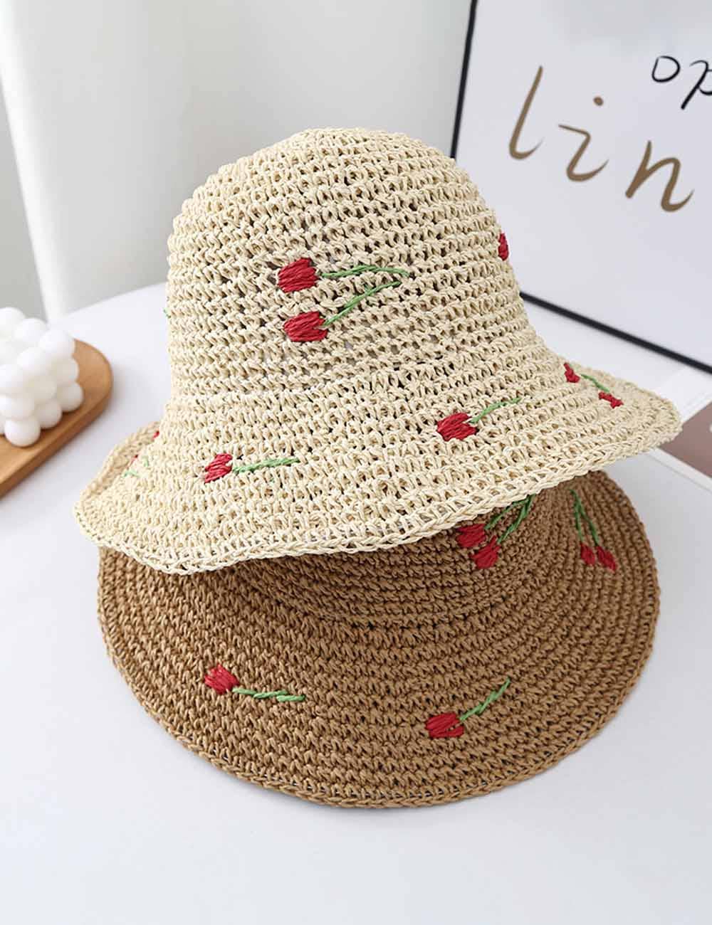 Cute Cherry Crochet Foldable Staw Buckt Hat 8BK6HAT28: Khaki
