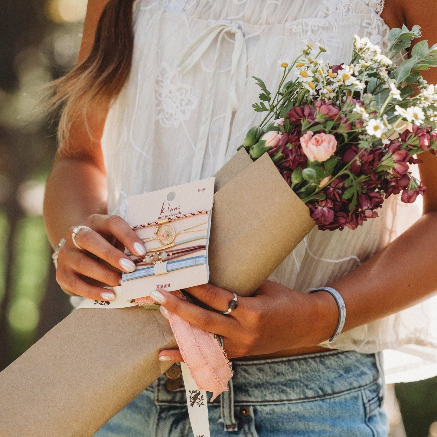 "Bloom" Maroon and Pink with Pressed Flowers Hair Tie Bracelets: Medium