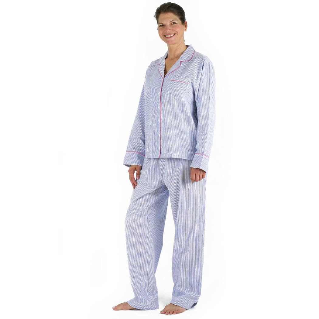 Blue Seersucker-Pink Long Sleeve Pajamas: S